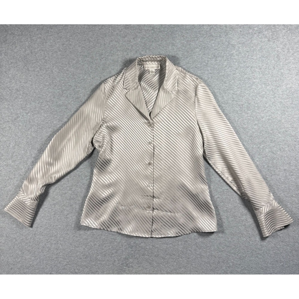 Petite Sophisticate 100% Silk Silver‎ Satin Stripe Button Front Blouse Size (6)